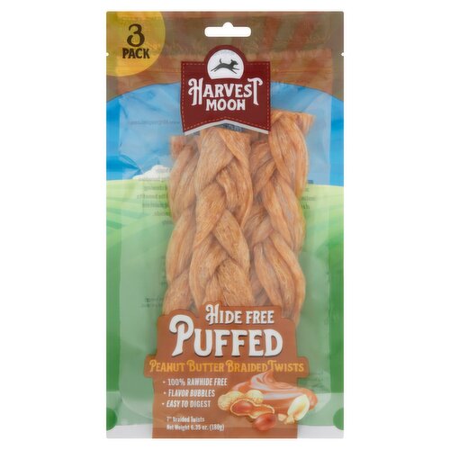 Harvest Moon 7" Hide Free Puffed Peanut Butter Braided Twists Dog Chews, 3 count, 6.35 oz