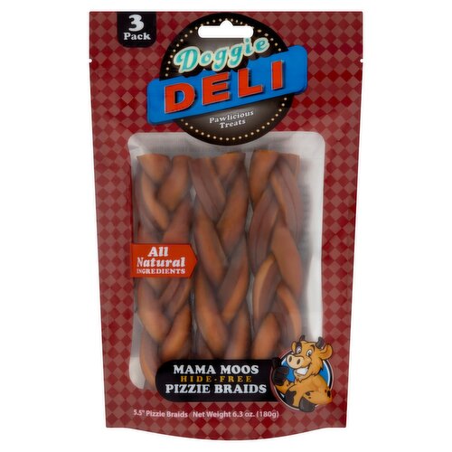 Doggie Deli Mama Moos Hide-Free Pizzie Braids Dog Treats, 3 count, 6.3 oz