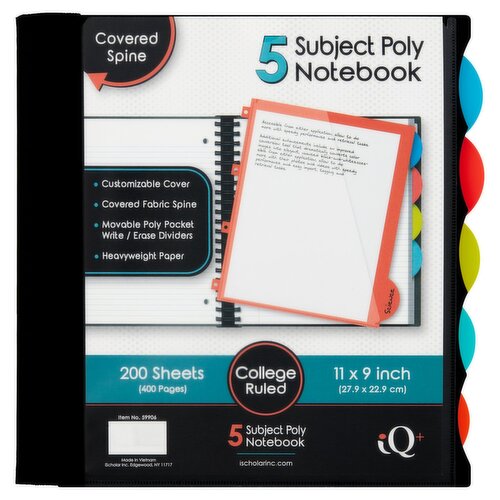 iQ+ 5 Subject Poly College Ruled Notebook, 200 sheets