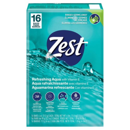 Zest Refreshing Aqua with Vitamin E Bar Soap, 4 oz, 16 count