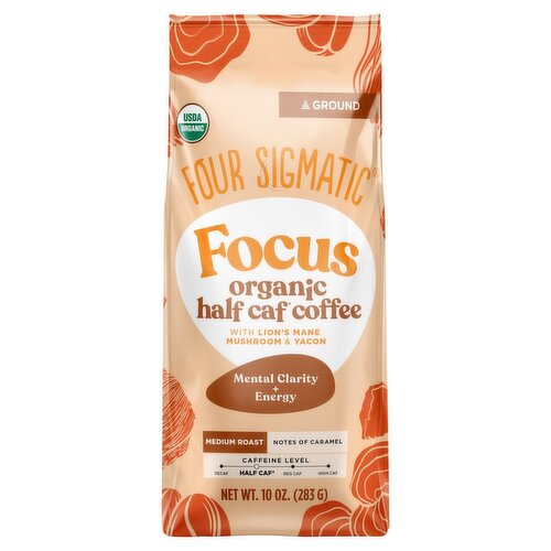 Four Sigmatic Focus Organic Half Caf Medium Roast Ground Coffee, 10 oz