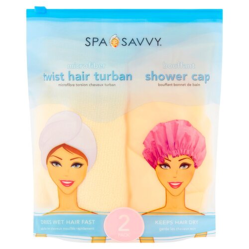 Spa Savvy Microfiber Twist Hair Turban and Bouffant Shower Cap, 2 count