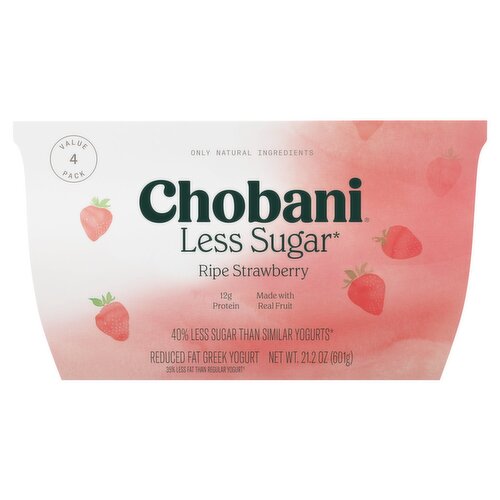 Chobani Ripe Strawberry Less Sugar Reduced Fat Greek Yogurt Value Pack, 4 count, 21.2 oz