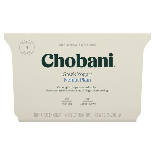 Chobani Nonfat Plain Greek Yogurt Value Pack, 5.3 oz, 4 count