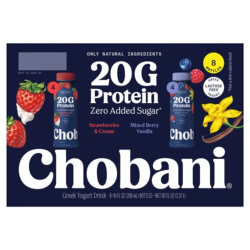 Chobani 20g Protein Mixed Berry, Vanilla, Strawberries & Cream Greek Yogurt Drink, 10 fl oz, 8 Count