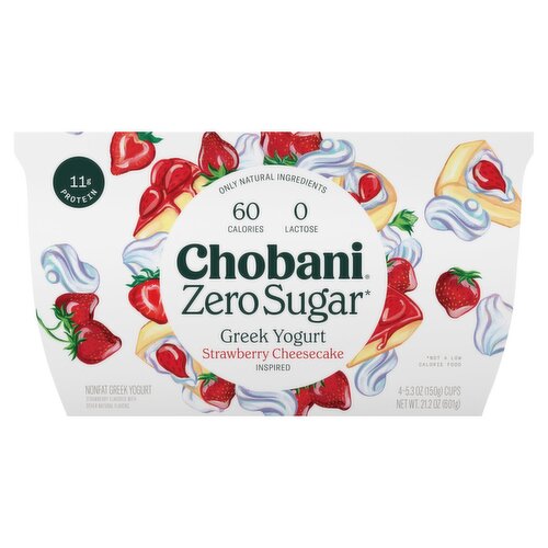 Chobani Zero Sugar Strawberry Cheesecake Inspired Nonfat Greek Yogurt, 5.3 oz, 4 count