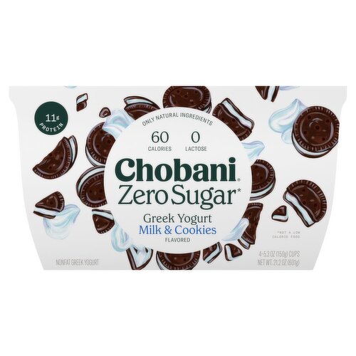 Chobani Zero Sugar Milk & Cookies Flavored Nonfat Greek Yogurt, 5.3 oz, 4 count