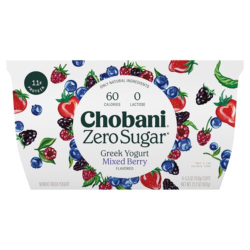 Chobani Zero Sugar Mixed Berry Flavored Nonfat Greek Yogurt, 5.3 oz, 4 count