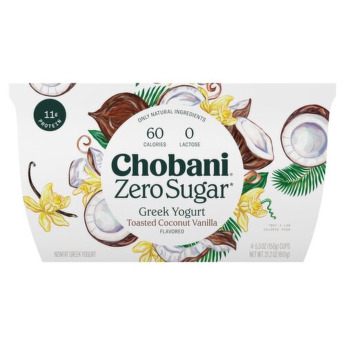 Chobani Zero Sugar Toasted Coconut Vanilla Flavored Nonfat Greek Yogurt, 5.3 oz, 4 count