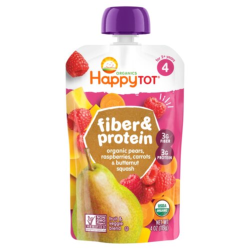 Happy Tot Organics Fiber & Protein Stage 4 Organic Pears, Raspberries, Carrots & Butternut Squash Pouch 4 oz.