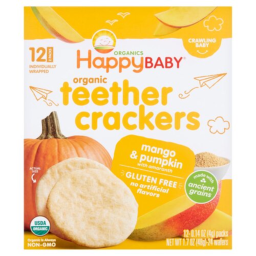 Happy Baby Organics Mango & Pumpkin Organic Teether Crackers, Crawling Baby, 0.14 oz, 12 count