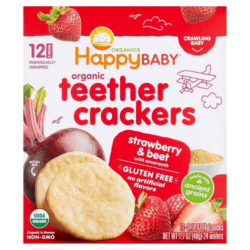 Happy Baby Organics Strawberry & Beet Organic Teether Crackers, Crawling Baby, 0.14 oz, 12 count