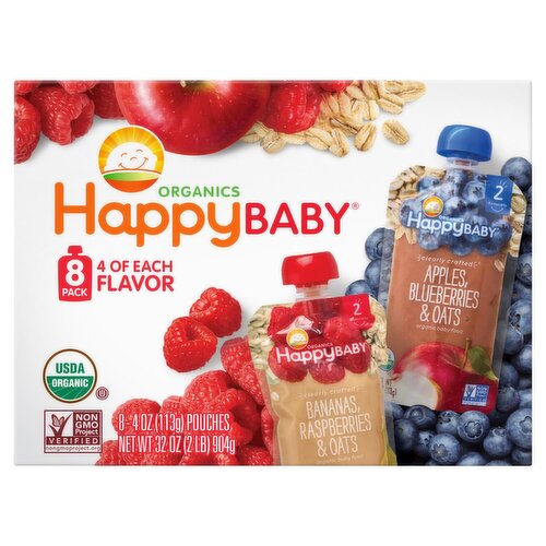Happy Baby Organics Organic Fruit & Oat Pouches Baby Food, Stage 2, 6+ Months, 4 oz, 8 count