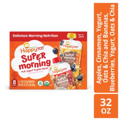 Happy Tot Organics Super Morning Fruit, Yogurt & Grain Blend Baby Food, for 2+ years, 4 oz, 8 count