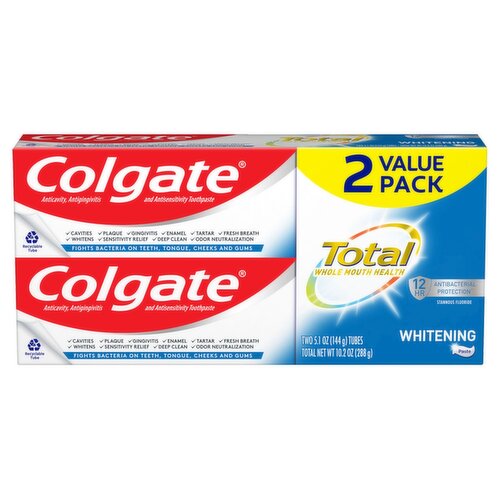 Colgate Total Active Prevention Whitening Toothpaste Value Pack, 5.1 oz, 2 count
