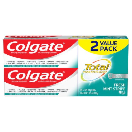 Colgate Total Fresh Mint Stripe Gel Toothpaste Value Pack, 5.1 oz, 2 count