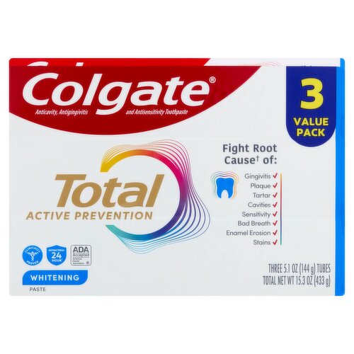 Colgate Total Active Prevention Whitening Toothpaste Value Pack, 5.1 oz, 3 count
