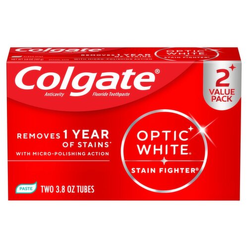 Colgate Optic White Stain Fighter Clean Mint Anticavity Fluoride Toothpaste, 3.8 oz, 2 count