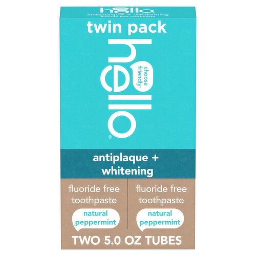 Hello Antiplaque + Whitening Natural Peppermint Fluoride Free Toothpaste Twin Pack, 5.0 oz, 2 count