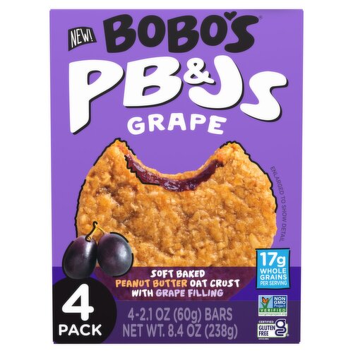 Bobo's PB&js Soft Baked Peanut Butter Oat Crust with Grape Filling Bars, 2.1 oz, 4 count