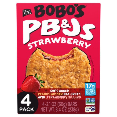 Bobo's PB&Js Soft Baked Peanut Butter Oat Crust with Strawberry Filling Bars, 2.1 oz, 4 count