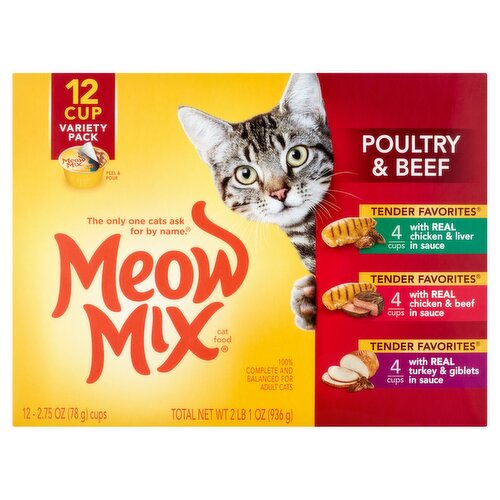 Meow Mix Tender Favorites Poultry & Beef Cat Food Variety Pack, 2.75 oz, 12 count