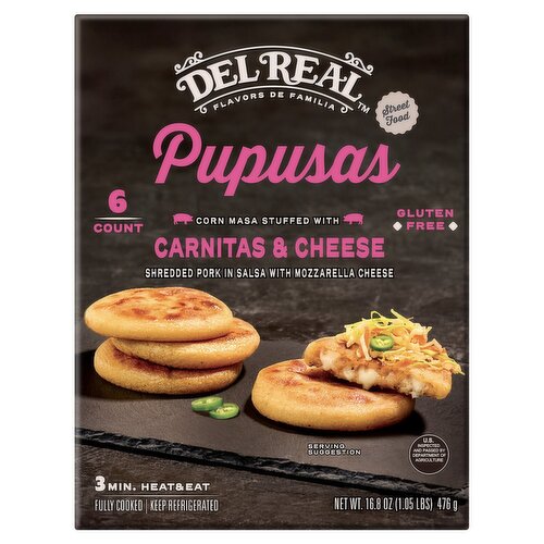 Del Real Foods Carnitas and Cheese Pupusas, 6 count, 16.8 oz