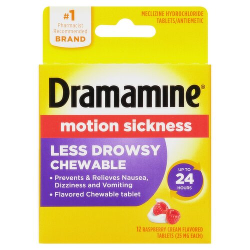 Dramamine Less Drowsy Raspberry Cream Flavored Motion Sickness Chewable Tablets, 25 MG, 12 count