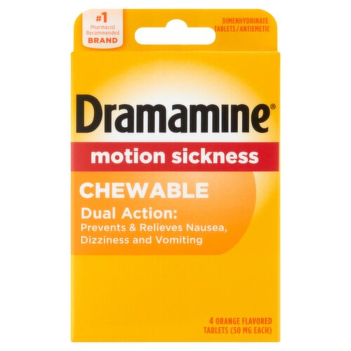 Dramamine Orange Flavored Motion Sickness Chewable Dimenhydrinate Tablets, 4 count