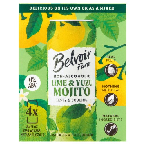 Belvoir Farm Lime & Yuzu Mojito Sparkling Soft Drink, 8.4 fl oz, 4 count