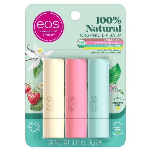 eos 100% Natural Vanilla Bean, Strawberry Sorbet, Sweet Mint Organic Lip Balm, 0.14 oz, 3 count