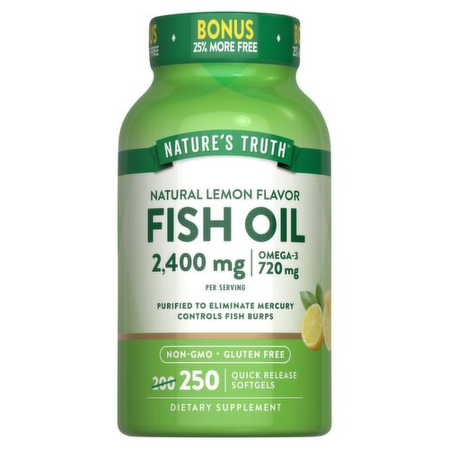 Nature's Truth Vitamins Natural Lemon Fish Oil Quick Release Softgels, 1200 mg, 250 count