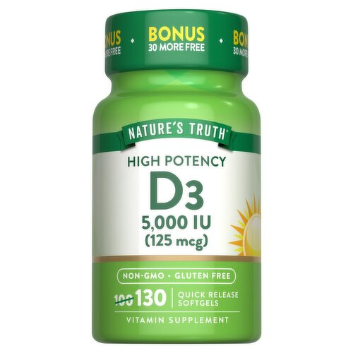 Nature's Truth High Potency D3 5,000 IU Vitamin Supplement, 125 mcg, 130 count