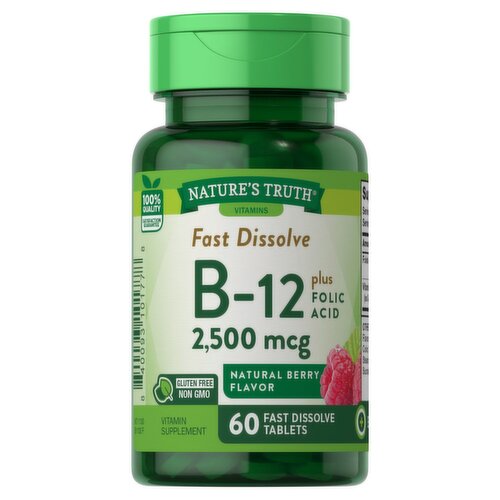 Nature's Truth Vitamins Fast Dissolve B-12 Plus Folic Acid Vitamin Supplement, 2,500 mcg, 60 count