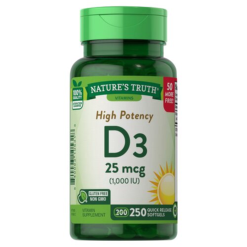 Nature's Truth Vitamins High Potency D3 Vitamin Supplement, 25 mcg, 250 count