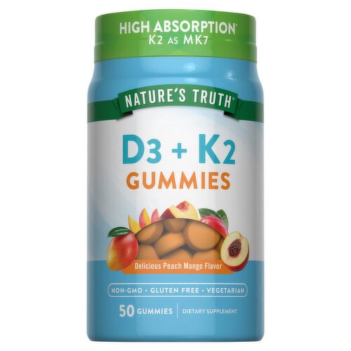 Nature's Truth Delicious Peach Mango Flavor D3 + K2 Gummies Dietary Supplement, 50 Count