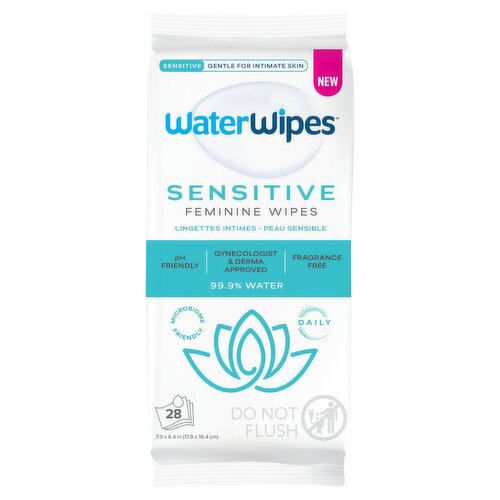 WaterWipes Sensitive Feminine Wipes, 99.9% Purified Water, pH Friendly for Daily Intimate Care 28ct.