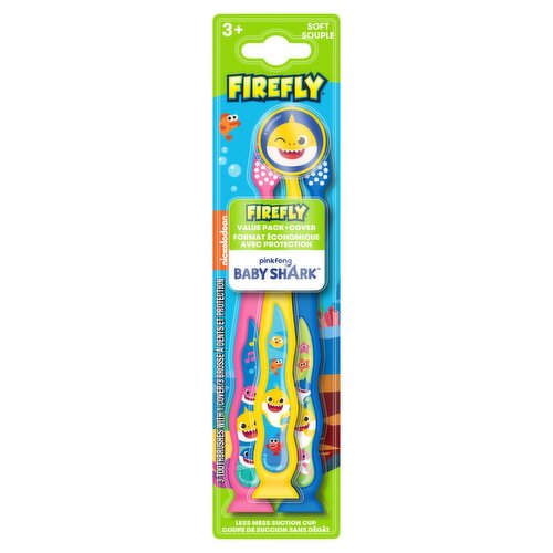 Nickelodeon Firefly Pinkfong Baby Shark Soft Toothbrushes Value Pack + Cover, 3+, 3 count