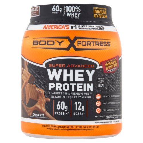 Body Fortress Super Advanced Chocolate Whey Protein Supplement, 1.78 lb.