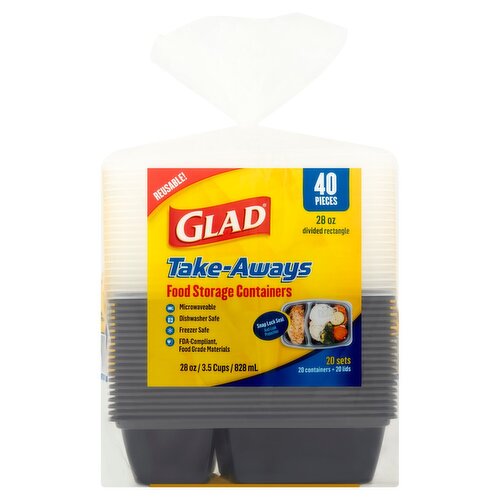 Glad 28 Oz Divided Rectangle Take-Aways Food Storage Containers, 40 count