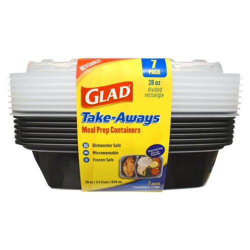 Glad 28 Oz Divided Rectangle Take-Aways Meal Prep Containers, 7 count