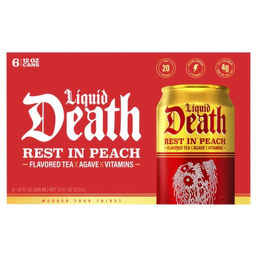 Liquid Death Rest In Peach Flavored Tea, 12 fl oz, 6 count