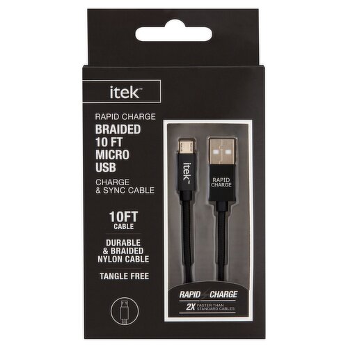 Itek Rapid Charge Braided 10 Ft Micro USB Charge & Sync Cable