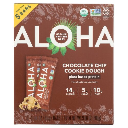 Aloha Chocolate Chip Cookie Dough Organic Protein Bars, 1.98 oz, 5 count