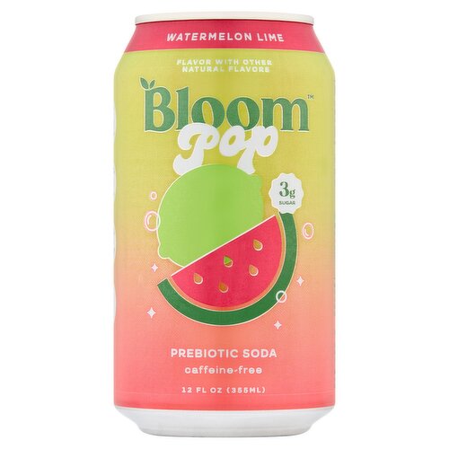 Bloom Watermelon Lime Pop Prebiotic Soda, 12 fl oz
