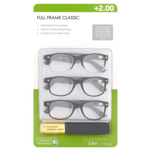 SAV Eyewear Club Pack +2.00 Full Frame Classic Glasses and Microfiber Eyeglass Cases