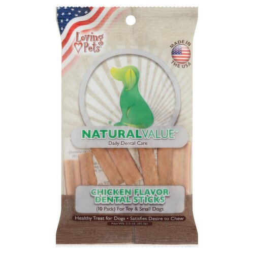 Loving Pets Natural Value Chicken Flavor Dental Sticks, For Toy & Small Dogs 10 count, 3.0 oz