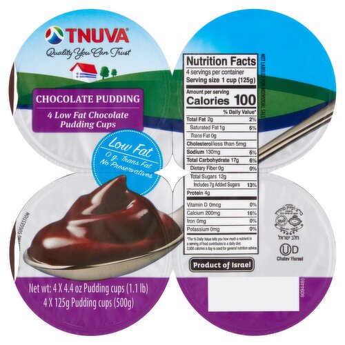 Tnuva Low Fat Chocolate Pudding Cups, 4.4 oz, 4 count