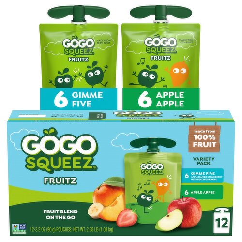 GoGo squeeZ No Sugar Added Apple Gimme 5 Applesauce & Fruit Puree Puree Pouches, 3.2 oz (12 Pack)