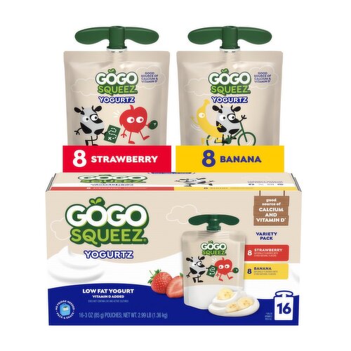 Gogo Squeez Yogurtz Strawberry and Banana Low Fat Yogurt Variety Pack, 3 oz, 16 count